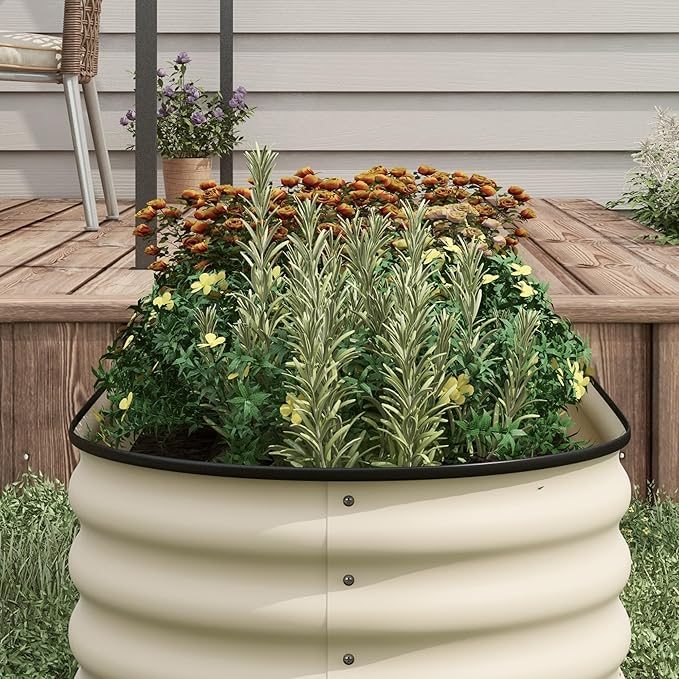 Outsunny 8' x 2' x 1.4' Galvanized Raised Garden Bed Kit, Outdoor Metal Elevated Planter Box with Safety Edging, Easy DIY Stock Tank for Growing Flowers, Herbs & Vegetables, Cream