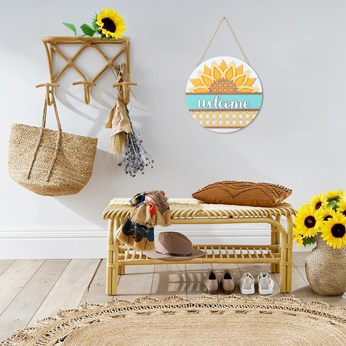 HOURIA 3D Summer Sunflower Welcome Door Sign,11.4 Inches Yellow Flower Summer Wood Wall Decor,Farmhouse Sunflower Decorations for Home,Office,Wreath,Indoor,Outdoor