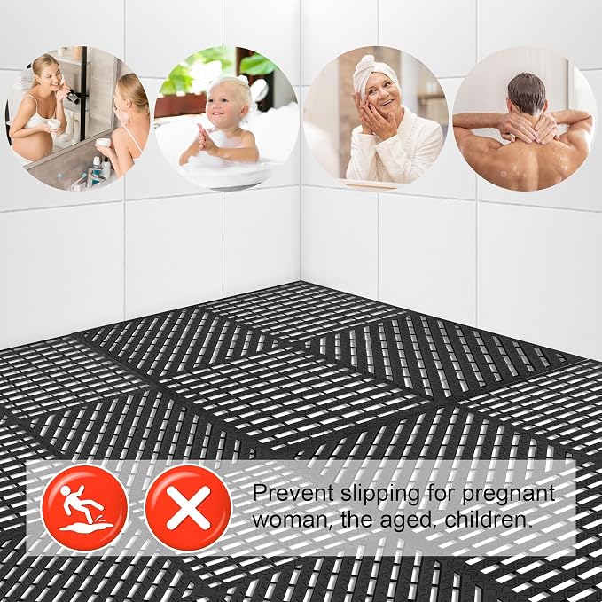 MYFAMIREA Modular Interlocking Cushion 12 Pack 11.8" x 11.8" Rubber Floor Tiles Non-Slip Splicing Drainage Mats for Deck, Pool, Shower, Patio, Balcony, Bathroom, Kitchen, Yard (Diagonal, Black)