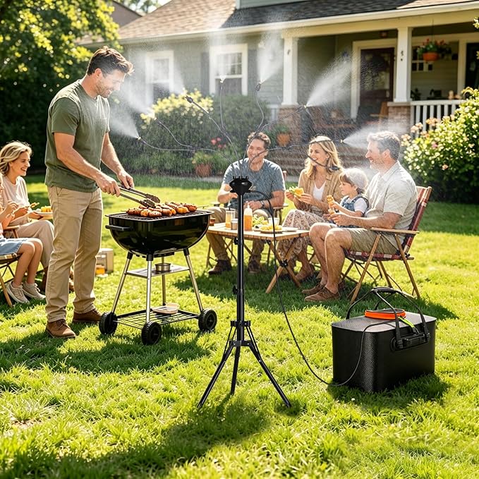 Bonviee 5.3FT Standing Mister for Outside Patio, Portable Misting System with Adjustable Tripod, 5.8Gal/22L Water Tank, 5200mAh Rechargeable Pump & 8 Flex Arm Nozzles for Outdoor Cooling