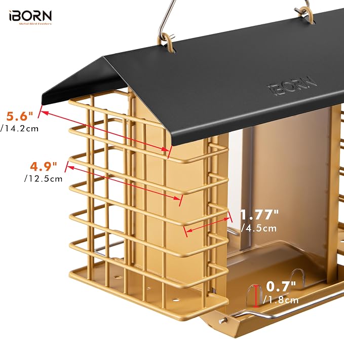 iBorn Bird Feeders for Outdoors,Bird Feeder with Double Suet Holders,Suet Feeder for Outside,Weatherproof Metal Roof,Easy to Refill&Clean,3.2 LBs Seed Capacity+2X Cakes,1 Pack,Black Roof & Yellow Grid