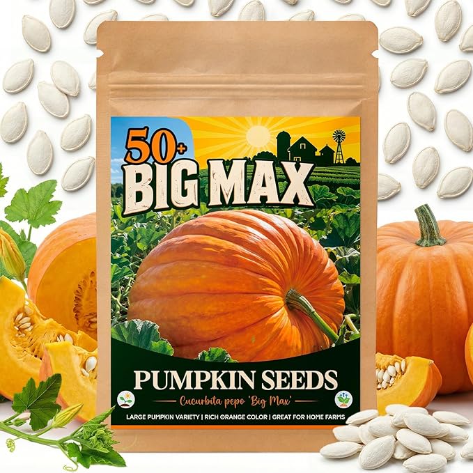 50+ Big Max Pumpkin Seeds for Planting - Giant Pumpkin Seeds, Large Carving Pumpkin Variety for Halloween Jack O Lantern, Fall Display & Garden Growing, Pack Includes QR Code Planting Guide