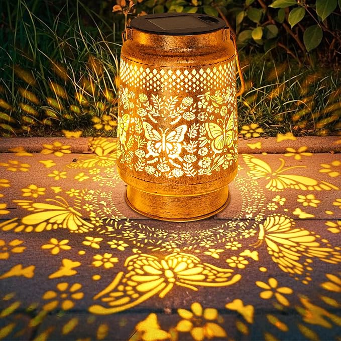 Solar Lanterns Outdoor Butterfly Garden Decor, Birthday Gifts for Women Mom Grandma, Waterproof Metal Hanging Solar Lights LED Decoration with Shepherd Hook Outside for Yard Patio Lawn Porch