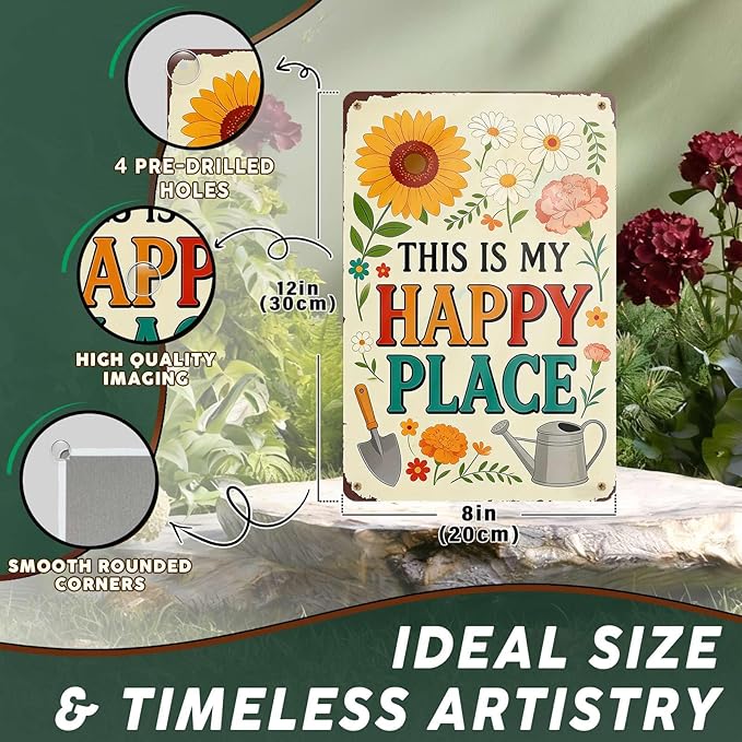 PEACHGARDEN Garden Signs This Is My Happy Place for Woman Gifts Garden Wall Decor Metal Tin Sign for Patio Yard She Shed Cabin 8x12 inch