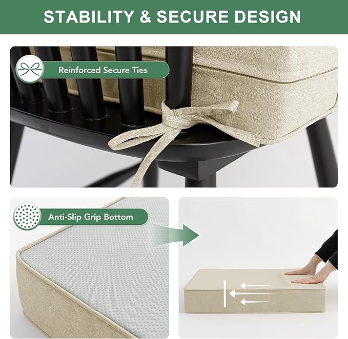 Summsun Patio Chair Cushions Set of 2, Faux Linen Outdoor Furniture Cushions, Water Resistant Backrest and Deep Seat Cushion Set with Ties, Removable Cover, Non-Slip Bottom, 24 x 24 Inch, Beige