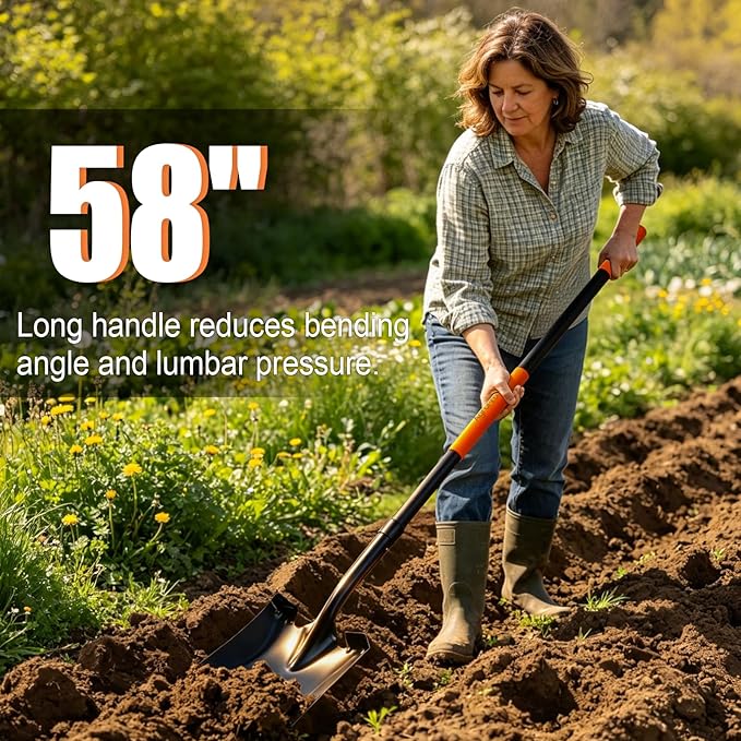 Shovel for Digging, Metal Shovel with Long Fiberglass Handle, Heavy Duty Shovel Garden Tool, 58 Inches