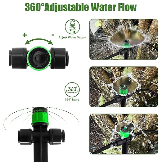 Kalolary Drip Irrigation Emitters, 30pcs Adjustable 360 Degree Water Flow Emitters for 1/4" Tubing, Two-Way Connection Irrigation Drippers for Garden, Lawn, and Greenhouse Watering Systems(Green)