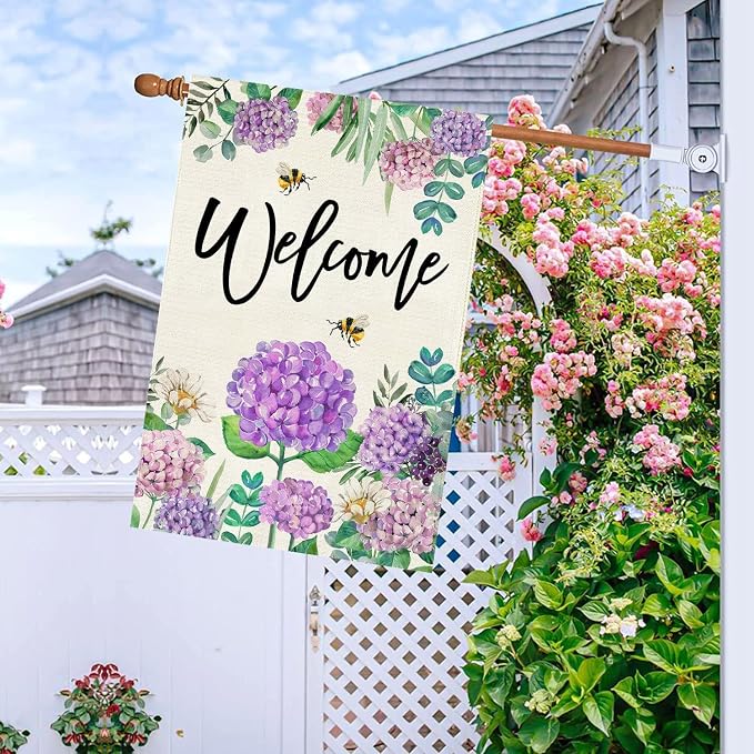 Baccessor Summer Hydrangea House Flag Double Sided 28x40 Inch, Purple Flower Floral Welcome House Flag Burlap Seasonal Farmhouse Yard Outdoor Decoration (Large)