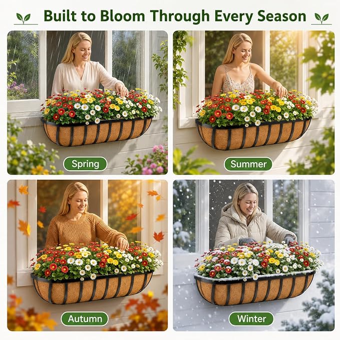 Railing Planter Boxes 30 Inch 4 Pack, 2-in-1 Heavy Duty Adjustable Hanging Window Box Planters with Coco Liners and Support Rods for Deck, Porch, Patio, Outdoor Garden