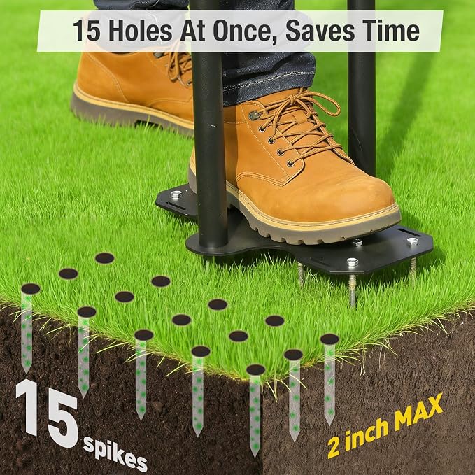 eWonLife Lawn Aerator Tool with Step-Through Pedal, 15-Spike Manual Aerator | Joint-friendly aeration with full-foot pedal, 15 spikes, 41-inch handle and durable steel construction