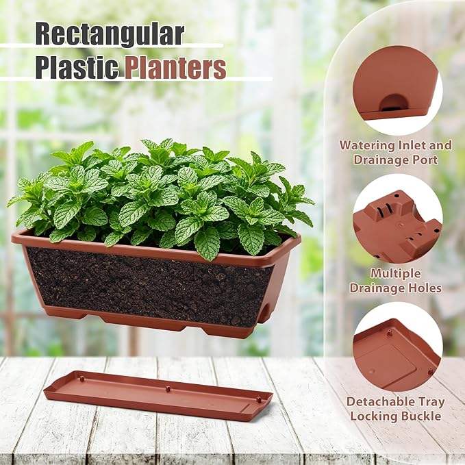 Sunexinlo 4-Pack Railing Planter Boxes with Double-Sided Adjustable Brackets, Plastic Rectangular Flower Boxes with Drainage Holes and Trays for Outdoor Balcony, Deck, Patio, Porch, Fence, Brick Red