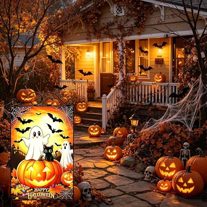 Large Halloween Garden Flags for Outside 28 x 40 Double Sided, Burlap Halloween House Flag, Large Outdoor Yard Flags Ghost Black Cat Decorations for Farmhouse Patio Front Door Porch Garden Décor