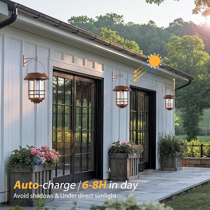Otdair Solar Lanterns Outdoor Waterproof, 2 Pack Flickering Flames Wall Garden Decor , Hanging Solar Lights Wall Mount Decorations for Halloween, Front Porch, Patio, Yard, Bronze