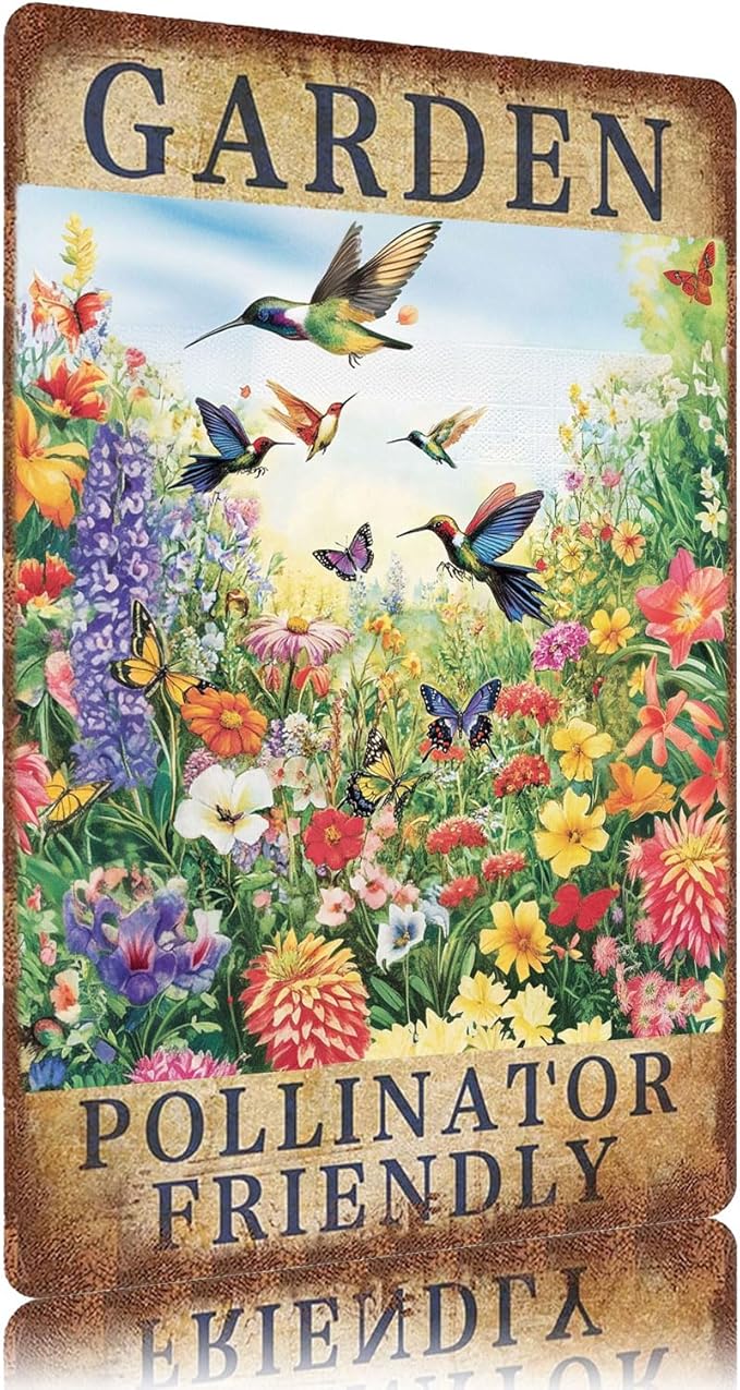 Garden Pollinator Friendly Flower Metal Sign Vintage Tin Sign Funny Wall Decor for Garden Yard Outdoor Kitchen Home 12×8 Inch