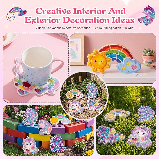 Lewtemi 8 Pcs Paint Your Own Stepping Stones for Craft, DIY Plaster Stepping Stones Garden Decor Painting Art Set for Art Class, Summer Activities & Home Decor (Unicorn)