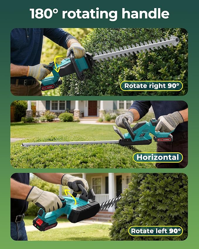 24'' Cordless Hedge Trimmer with 2 Rechargeable Batteries & Charger, 3000RPM Brushless Electric Handheld Bush Clipper, 180° Rotatable Head, 2/3'' Blade Gap, Gardening Gifts for Father’s Day