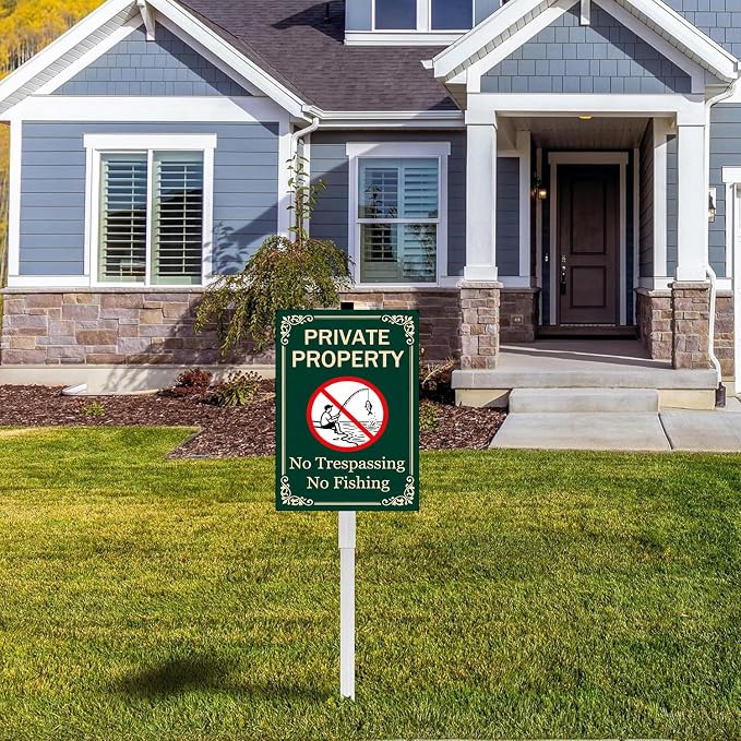 Private Property No Trespassing No Fishing Yard Sign With Stakes Do Not Fish Signs Reflective Rustproof Aluminium Pool Lake Stake Outdoor 8X12 IN