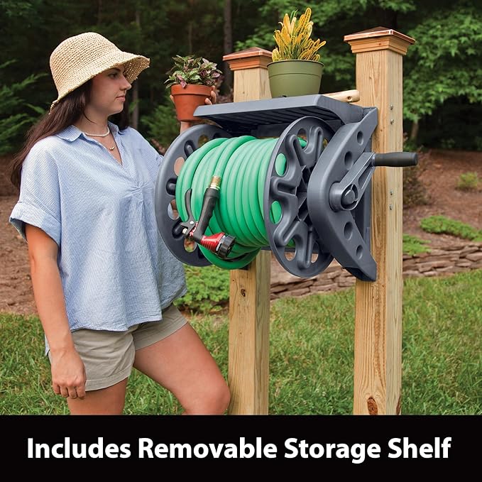 Liberty Garden Products Basics 512 Wall Mounted Hose Reel with Shelf Gray