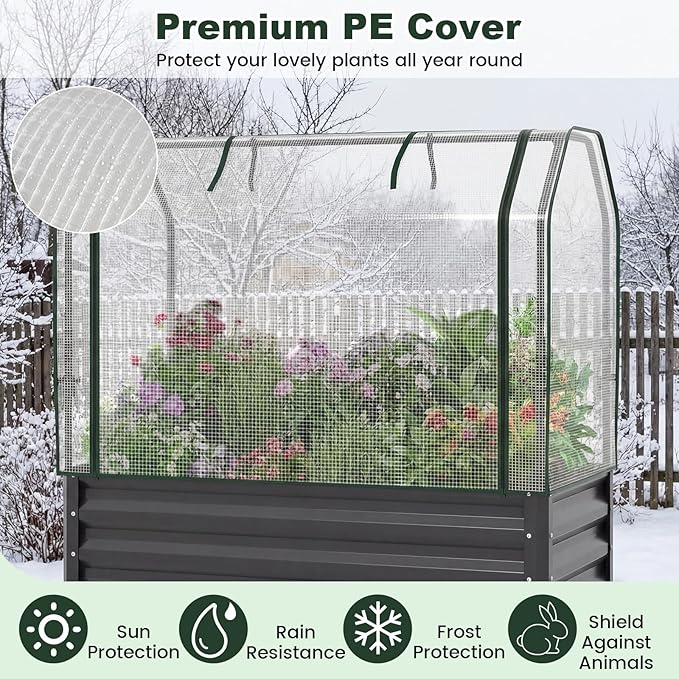 Giantex Raised Garden Bed with Legs & Greenhouse Cover, 44x22x60 Elevated Metal Planter Box with Roll-up Door, Outdoor Mini Greenhouse for Vegetable Flower Herb Patio Balcony (Black,1)