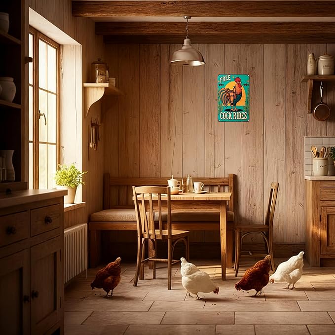 Funnysign Vintage Free Cock Rides Chicken Tin Sign for Chicken Coop Farm Kitchen Garden Yard Decor 8x12 inch (3939)