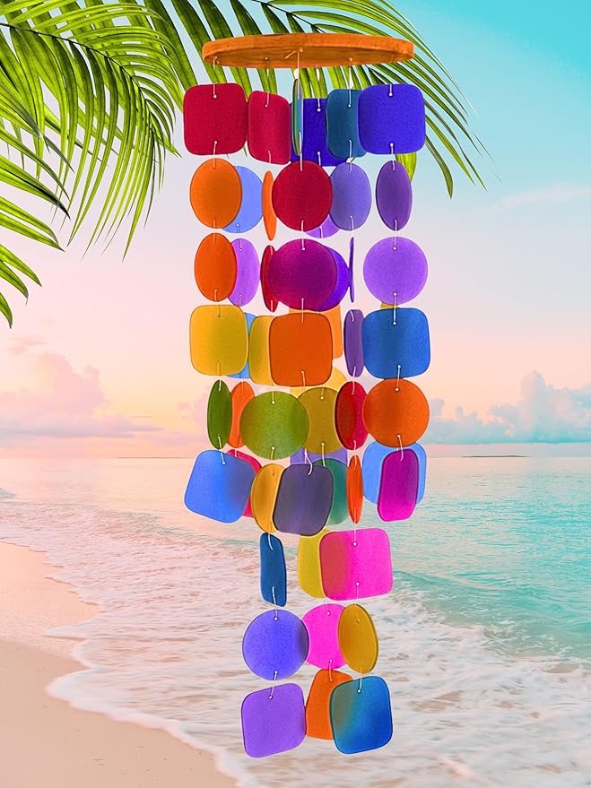 Bellaa Handmade Wind Chimes Outdoor, Musical, Garden Decorations, Beach, Ocean, Breeze, Gifts for Mom, Outside Windchimes, 63pcs, Capiz, Shells, Sea, Glass, Wood 1 Rainbow