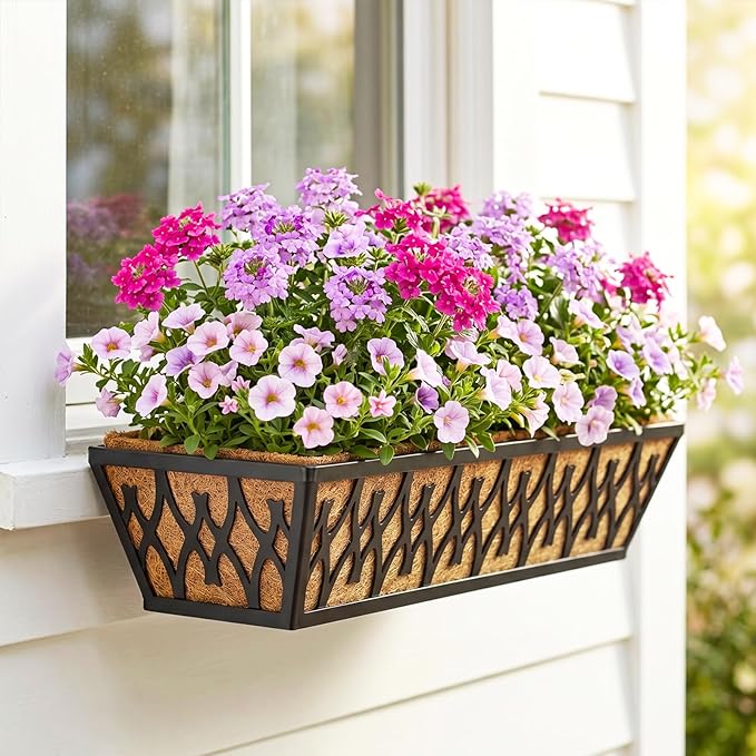 4 Pack 24 Inch Window Boxes Planters for Outdoor Plants Railing Planter Box with Adjustable Brackets for Windowsill Porch Fence Patio Hanging Flower Coco Baskets for Outside Decoration - Black