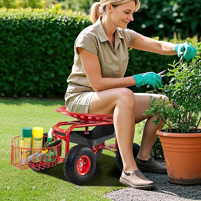 Giantex Rolling Garden Workseat with Wheels, 360 Degree Swivel Gardening Stool Cart with Storage Basket, Adjustable Height, Steering Handle, Steel Frame, Outdoor Work Seat for Planting Triming (Red)