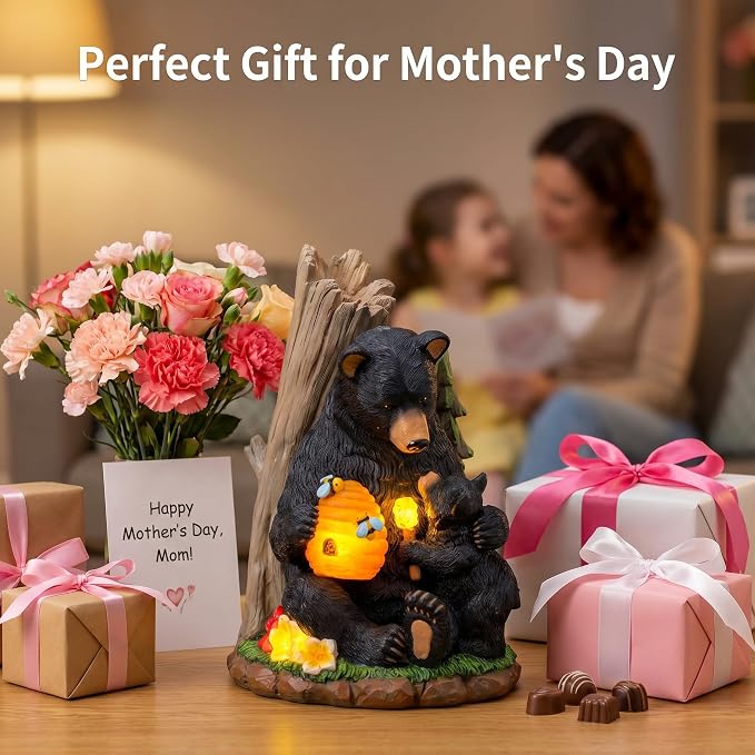 Candieslife Solar Bear Garden Statue with Glowing Beehive & Cub - Outdoor LED Figurine Decor for Patio, Lawn, Yard Art - Unique Birthday Housewarming Gift for Women, Mom, Father