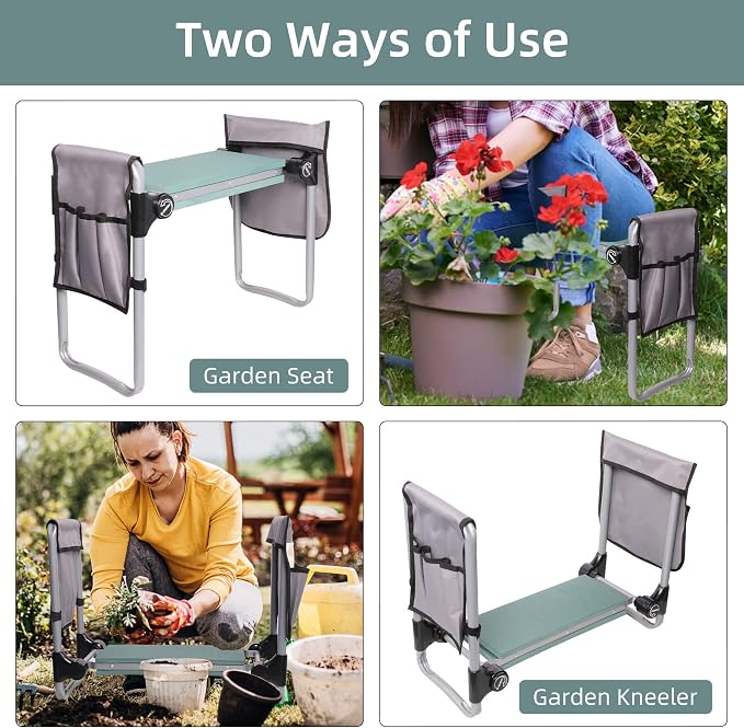 LUCKYERMORE New Generation Garden Kneeler and Seat, Foldable Gardening Stool with 2 Tool Pouches and EVA Foam Pad, Gardening Gifts for Parents Seniors, Lightweight & Heavy Duty, Green