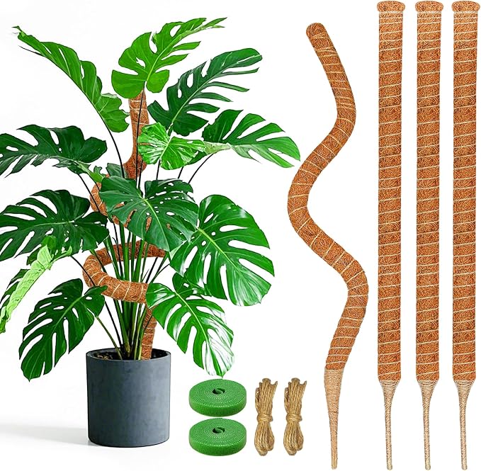 4 Pack 28 Inch Moss Pole Monstera Plant Support, Coir Moss Poles for Climbing Indoor Plants, Bendable Plant Stake Trellis for Potted Plant, Pothos, Philodendron
