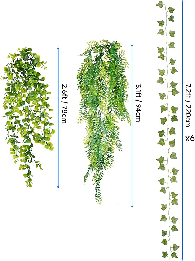 NiHome 8-Pack Artificial Hanging Plants, Fake Plant Hanger Indoor Outdoor Decor with 6 Ivy 1 Eucalyptus 1 Fork Fern Vines, Water-Resistant Faux Hanging Plant for Ceiling Wall Patio Garden Home Decor