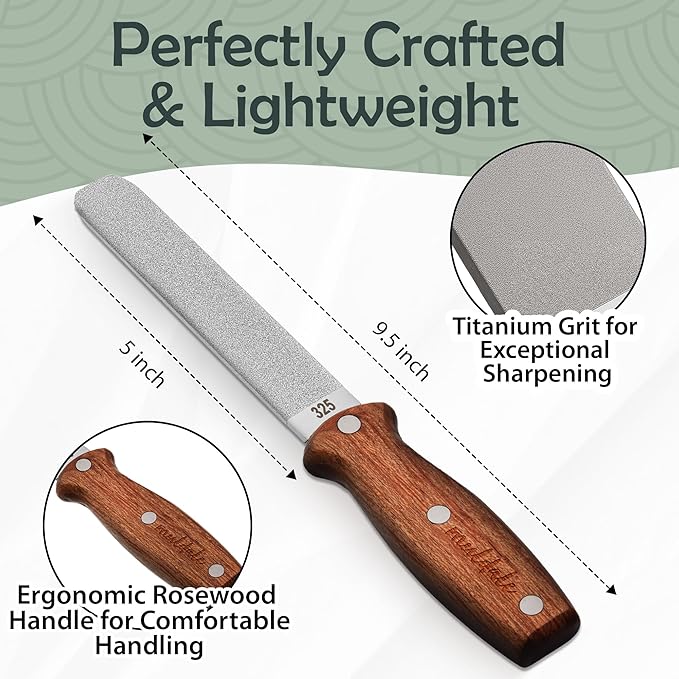Muldale Garden Tool Sharpener - Dual Grit Titanium File with Leather Strop for Pruners Loppers Hedge Shears Mower Blades Axes and Machetes