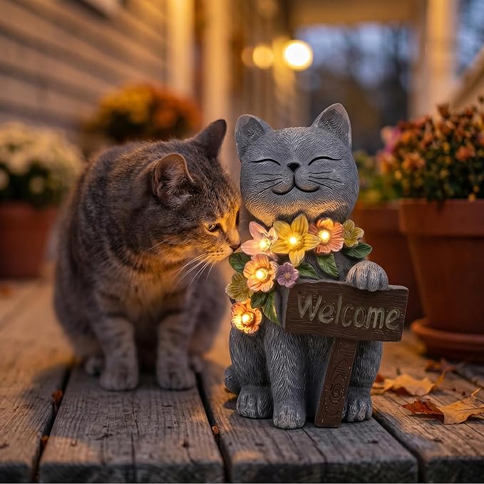 Solar Cat Garden Statue for Outdoor Decor, Cat Solar Light with Flowers, Resin Welcome Cats for Garden, Yard, Lawn Decor, Cats Lover Gifts for Women