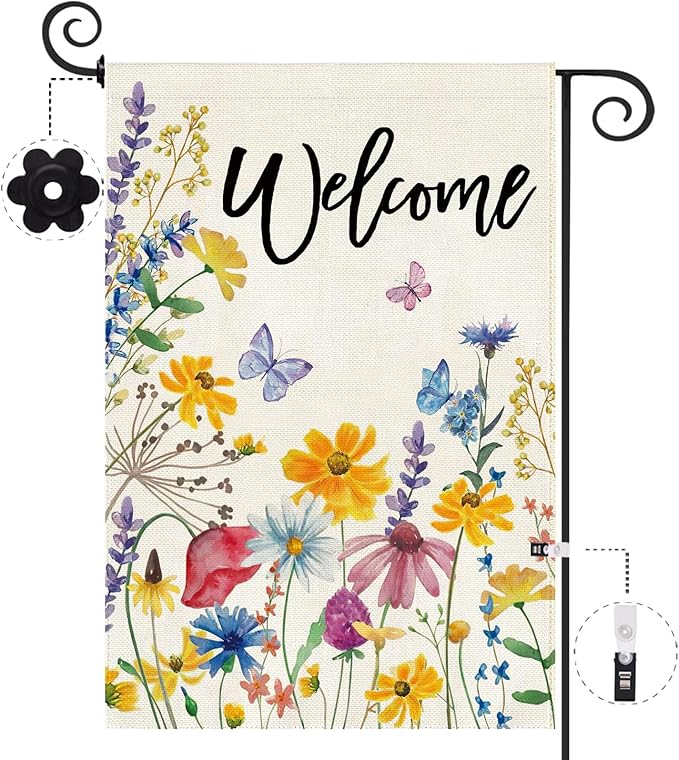 Baccessor Spring Summer Garden Flag Welcome Floral Leaves Double Sided Yard Flag Heavy Duty Seasonal Flowers Butterfly Outdoor Outside Patio Decoration 12.5x18 Inch