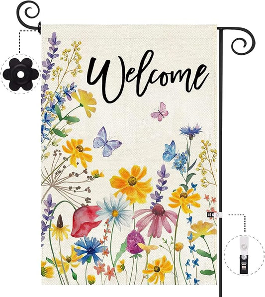 Baccessor Spring Summer Garden Flag Welcome Floral Leaves Double Sided Yard Flag Heavy Duty Seasonal Flowers Butterfly Outdoor Outside Patio Decoration 12.5x18 Inch