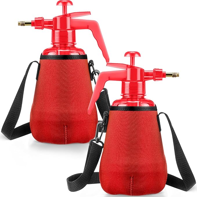 Teenyyou 2 Pcs 1.5 Liter Misters Spray Pump Bottle with Full Neoprene Jacket and Built in Carrying Strap Garden Plant Mister Spray Bottle for Spring Personal Cooling Plants Watering (Red)