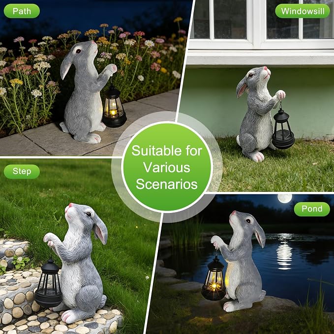 11.8 Inch Bunny Solar Garden Statue, Easter Rabbit Figurine with Glowing Lantern, Handcrafted Resin Outdoor Decor for Patio, Balcony, Yard, Gift for Women, Housewarming, Birthday, Easter Party Decor