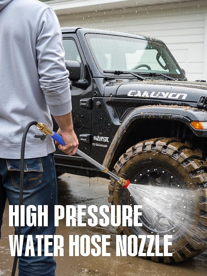 Jet Nozzle Power Washer Wand Hose Nozzle, Hydro Jet High Pressure Watering Sprayer Tool with 3 Different Nozzles, Water Hose Nozzle with Quick Connectors for Car, Gutter, Window Washing, Blue