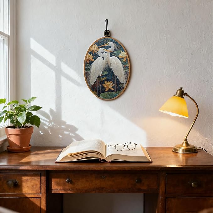 DOFQZ Vintage Chinoiserie Egret Couple Oval Wall Art Decor, Japandi Japanese Crane Egret Framed Wall Art, Spring Waterlily Bird Walls Hanging Decor for Home Bedroom Living Room, 8.5x11.5 Inch