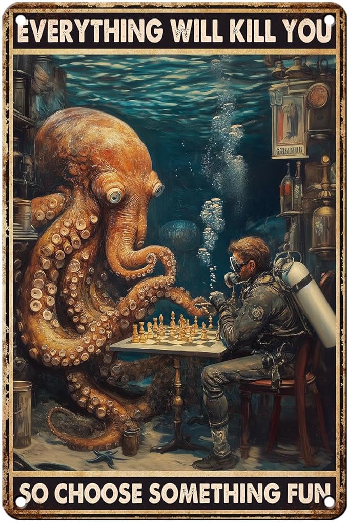 Everything Will Kill You So Choose Something Fun Vintage Octopus Tin Sign Funny Dark Humor Retro Metal Wall Decor for Bathroom Bar Man Cave Office Nautical Wall Art 12x8 Inch