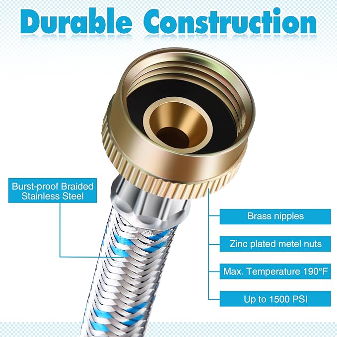 Dreyoo Hose Y Connector, 1 Ft Washing Machine Y Hose Split Stainless Steel, 3/4 Inch Brass Fittings, Hot and Cold Color Coded for Washing Machine Outdoor Faucets(1 Pcs)