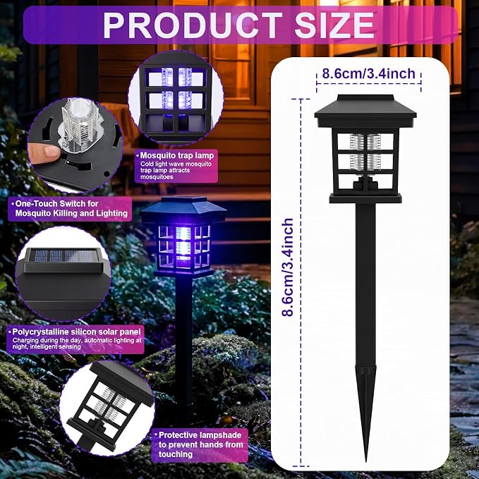 4 Pcs Solar Bug Zapper Outdoor Waterproof 2 in 1 Mosquito Zapper Solar Powered Mosquito Fly Trap Repellent Lamp Kills Bugs LED Lamp with Flame Purple Light for Garden Patio Yard Lawn (Black)