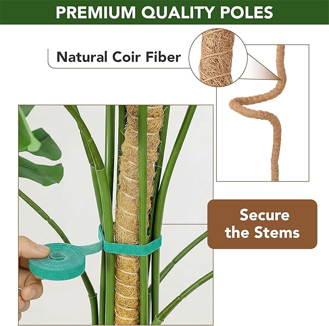 UNCO- Bendable Moss Pole Monstera Plant Support, 48 Inch, 2 Pack, 10 Feet Plant Ties, Moss Poles for Climbing Plants and Monstera Trellis