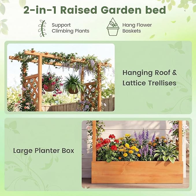 Giantex Wooden Raised Garden Bed with Trellis & Hanging Roof, 2 Pack Fir Wood Planter Box, 45" Freestanding Elevated Garden Bed for Outdoor Climbing Plants Vegetables Flowers, Patio & Balcony, Orange