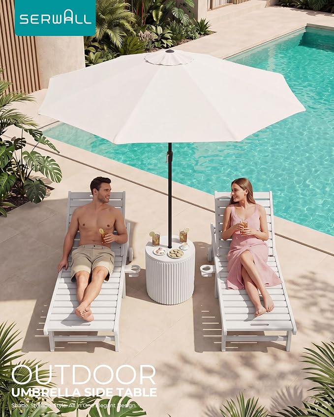 SERWALL Outdoor Round Umbrella Side Table, 3-in-1 Ice Bucket & Side Table & Storage Box, Multi-Functional Use for Porch/Patio/Poolside, Beige