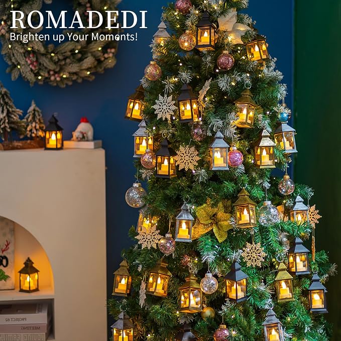 Romadedi Mini Lanterns Decorative for Wedding Centerpiece - 20 PCS Hanging Small Gold Lantern Bulk with Flickering LED Candles for Halloween Decorations Christmas Table Decor, Batteries Included