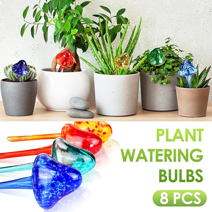 Meanplan 8 Pcs Plant Watering Globes Set, Mushroom Self Watering Globes for Indoor Outdoor Plants, Multicolor Glass Automatic Water Bulbs for Garden Potted Daily Use