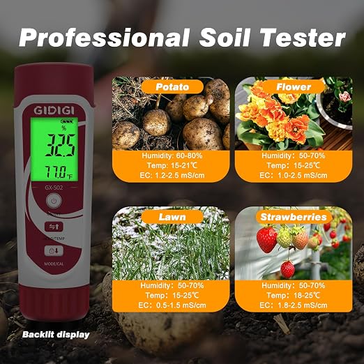 3 in 1 Digital Soil Moisture Meter, Cost-Effective Soil Test Kits and Soil EC Meter for Farms, Gardens, Orchards, Home Planting, Indoor Plants, Composting and Other Scenarios | digital