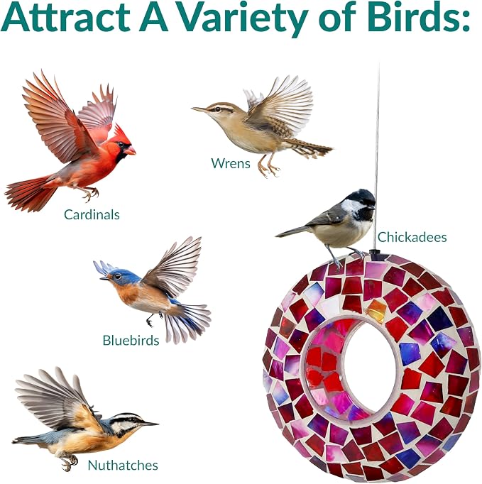 Sunnydaze 6-Inch Glass Mosaic Hanging Bird Feeder for Outdoors - Fly-Through Glass Bird Feeder for Cardinals, Jays, Finches and More - Crimson Mosaic