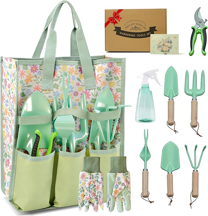 Gardening Tools 9-Piece Heavy Duty Gardening Hand Tools Set (Green), Stainless Steels and Reinforced Garden Supplies Kit, Durable Flower Garden Tools Organizer Handbag, Ideal Garden Gifts for Women